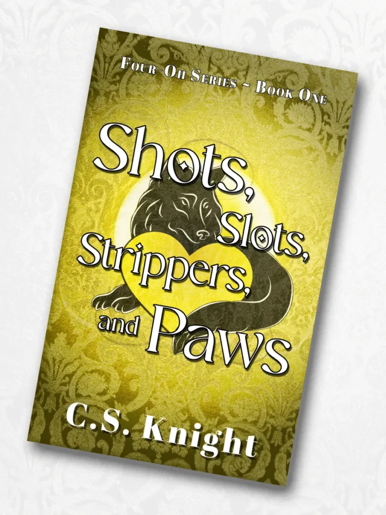 Book cover for Shots, Slots, Strippers, and Paws by C.S. Knight featuring a artistic black wolf cuddling with a yellow heart.