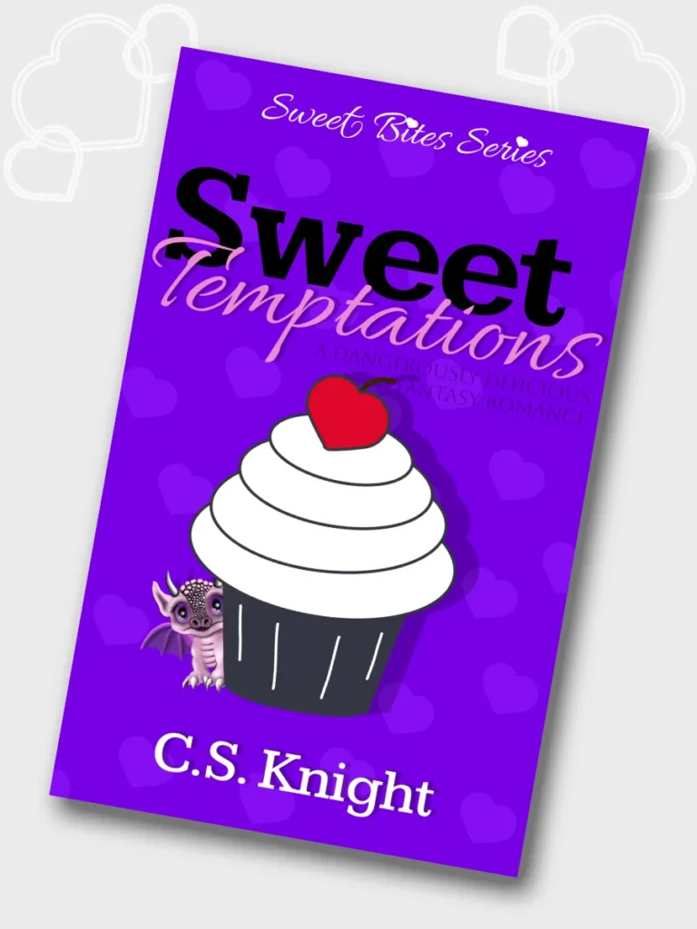 Book cover for Sweet Temptations by C.S. Knight featuring a little pink dragon peeking out from behind a cupcake.